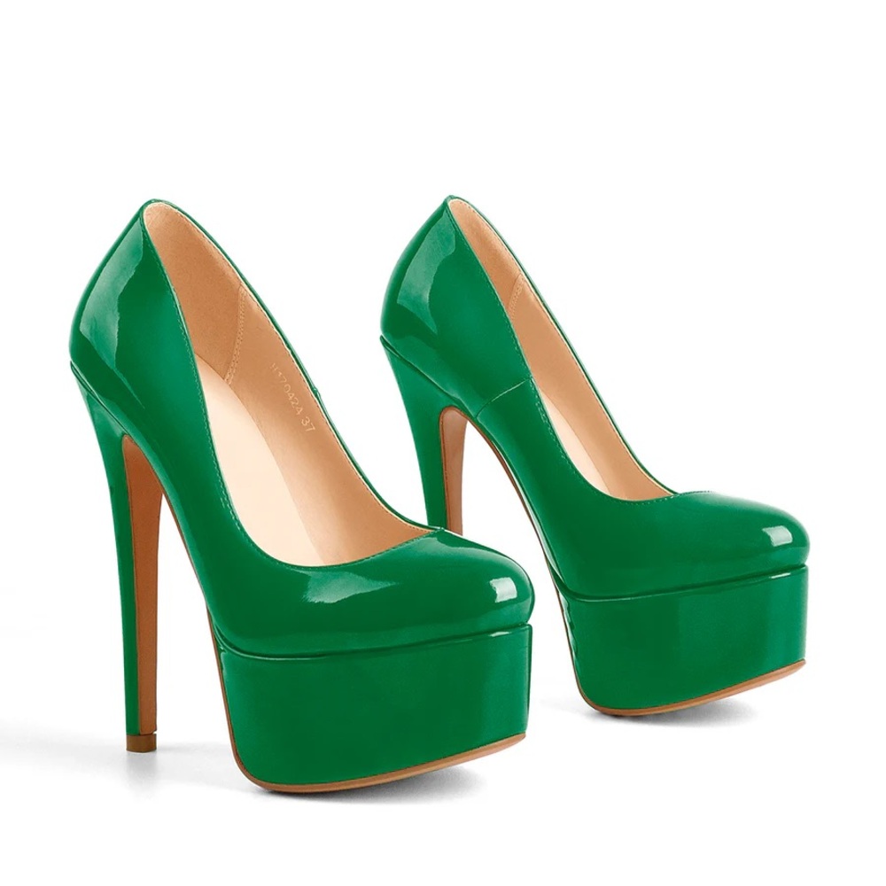 ONLY MAKER Patent Leather Rounde Toe Platform Green Stiletto High Heels Pumps